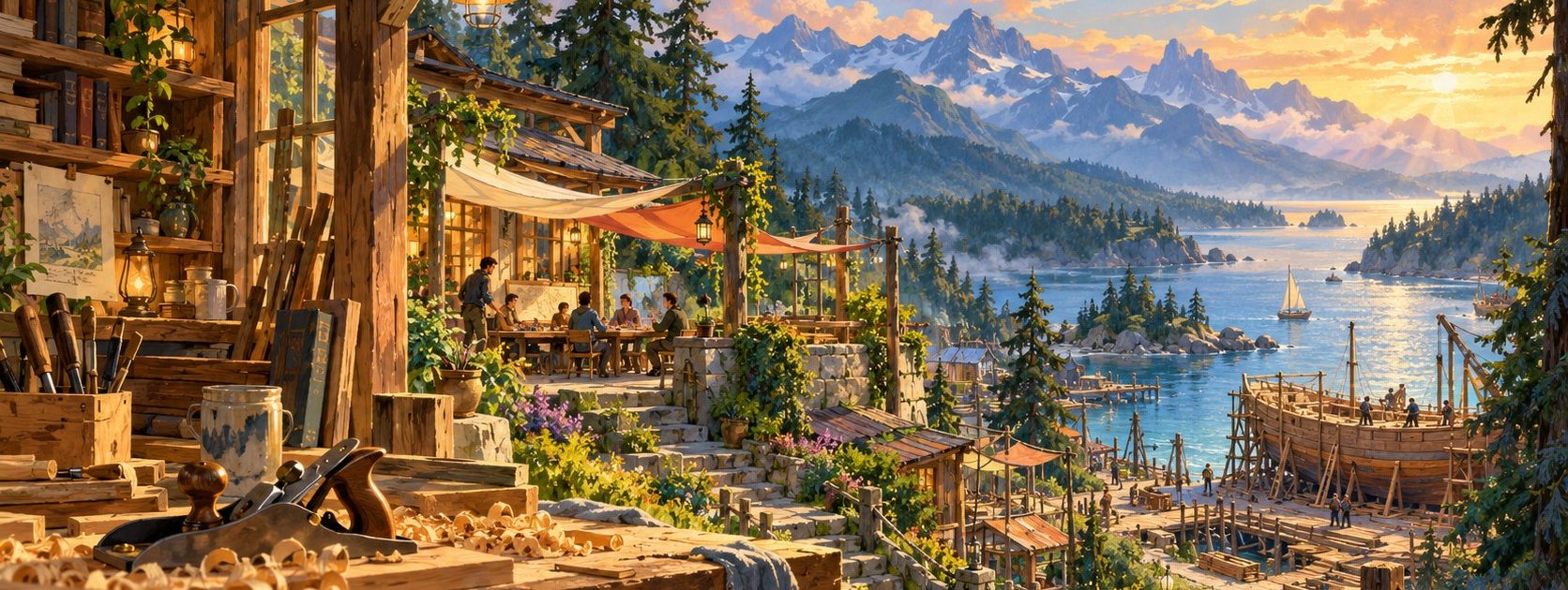 A painting of a harbor on Puget Sound at golden hour, seen from a workshop on the hill. A hand plane and its shavings rest on the bench. People sit at a table under an awning, a ship is being built on the slip, and a sailboat is out on the water.