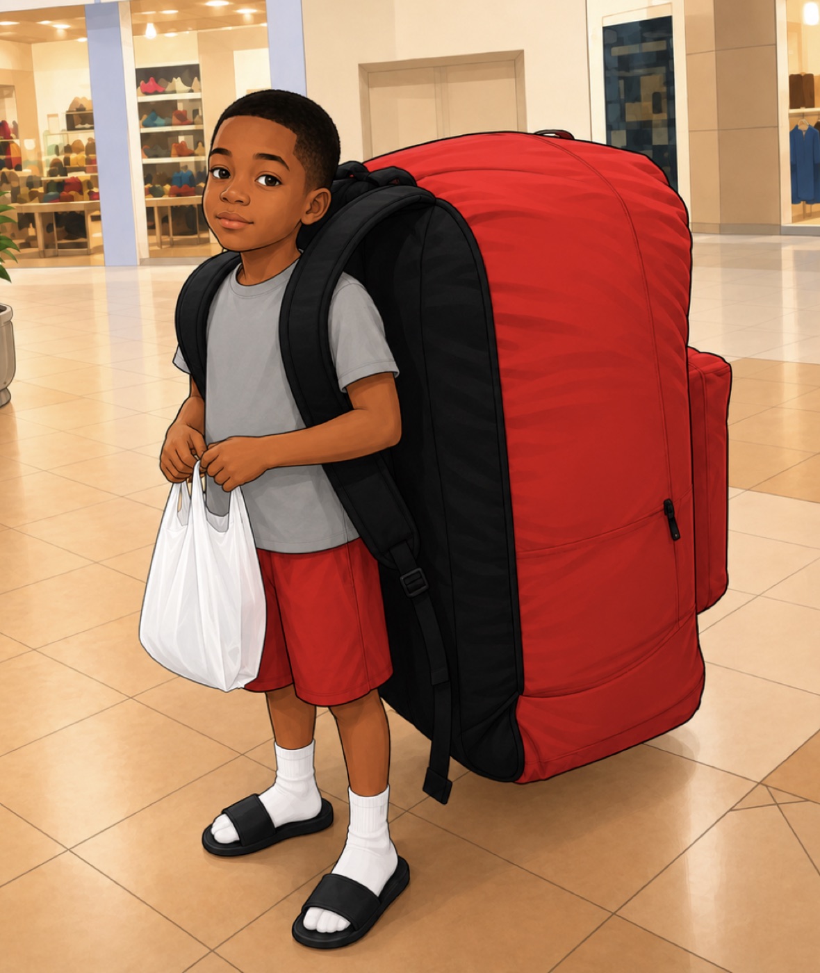 A cartoon of a young boy carrying a backpack far bigger than he is